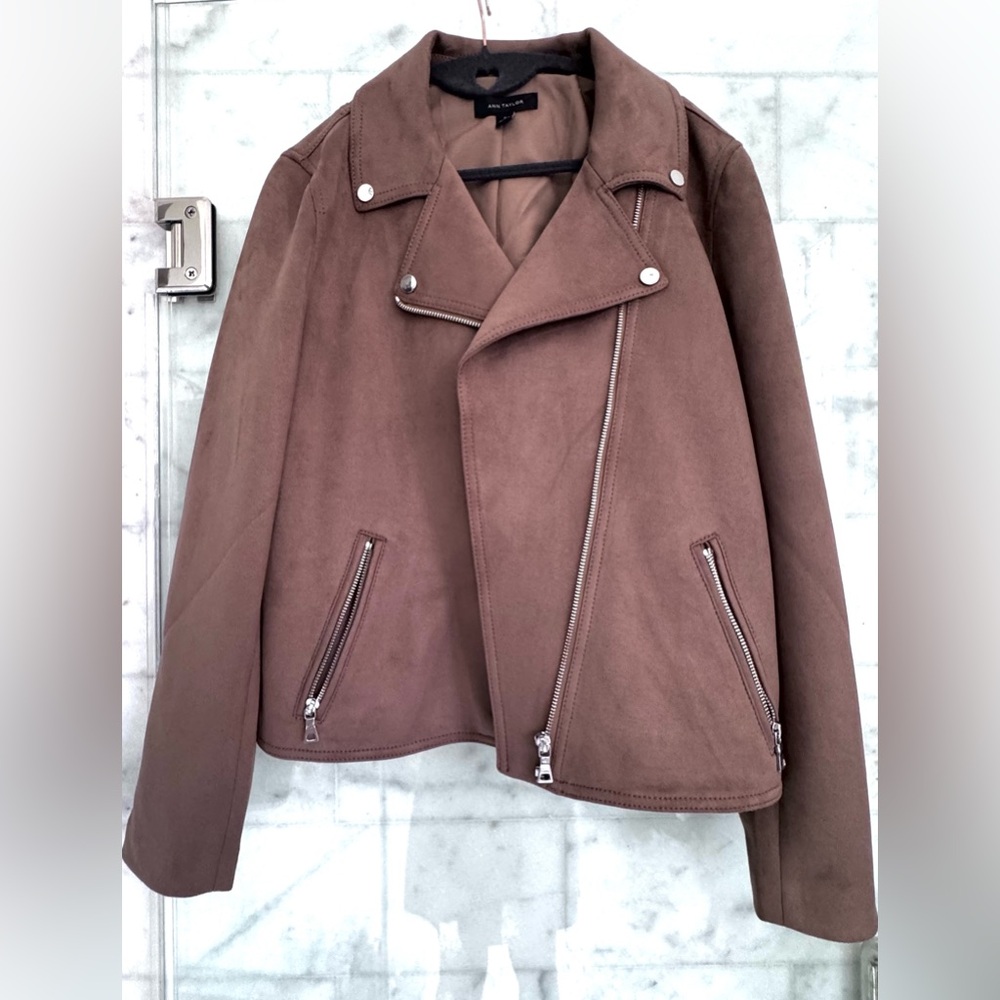 Ann Taylor Brown Faux Suede Moto Jacket Size M NWT Style New Without Tags